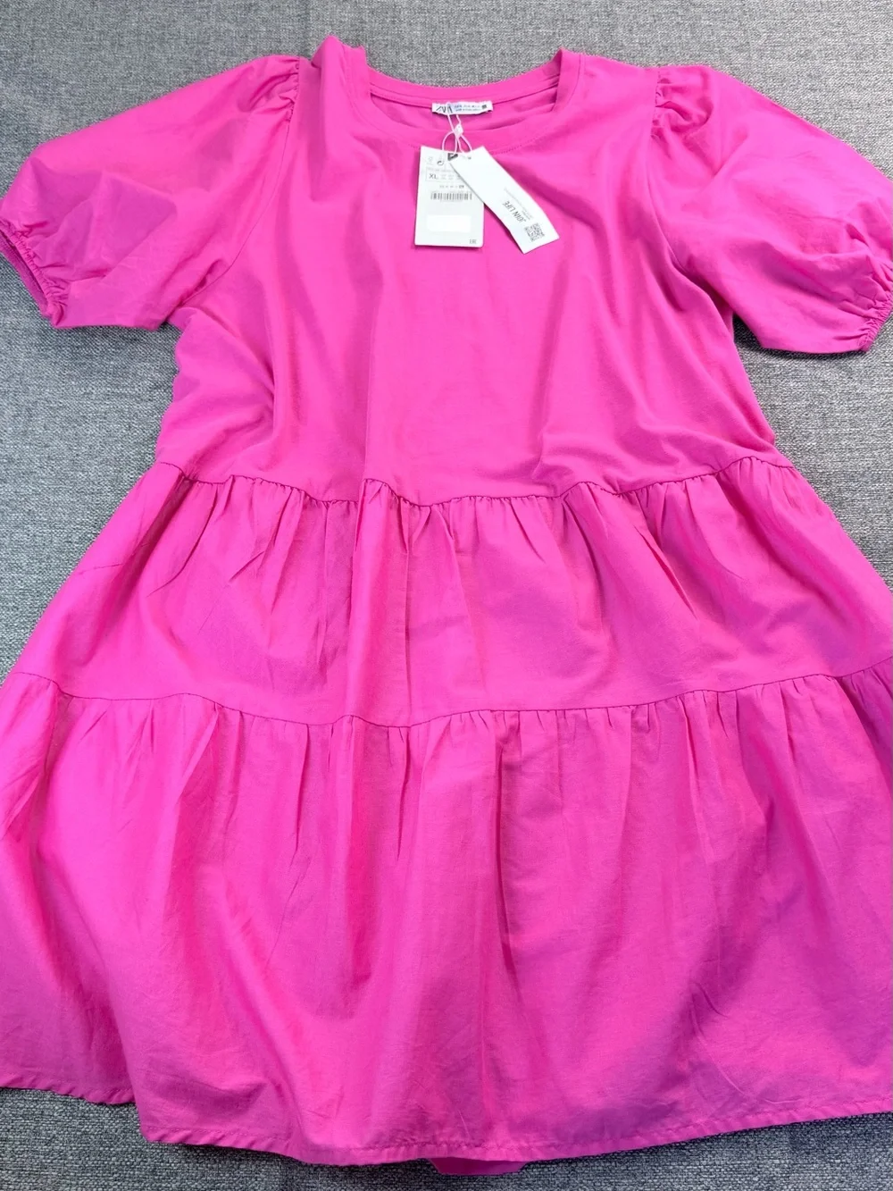 Zara Hot Pink Tiered Puff-Sleeve Dress SzXL - Picture 2 of 12
